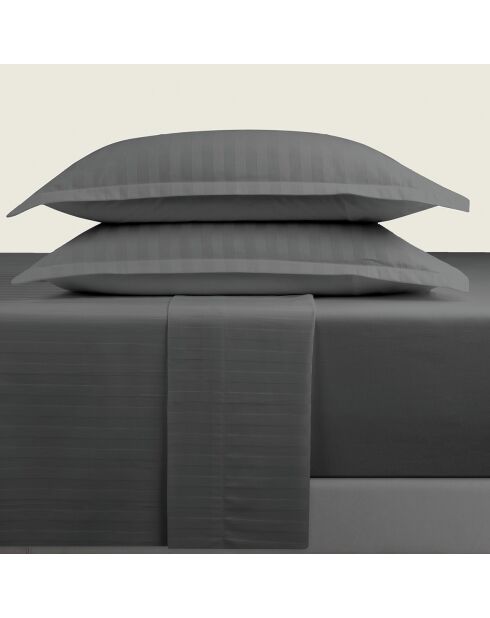 Parure petit drap plat + drap housse + taies rectangles satin de coton à rayures tissées Dobby Stripe Woven gris foncé