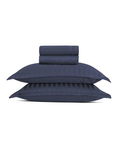 Set largo de sábana encimera, sábana bajera y fundas de almohada rectangulares de satén de algodón con rayas tejidas Dobby Stripe Woven, azul oscuro