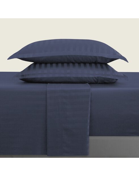 Set largo de sábana encimera, sábana bajera y fundas de almohada rectangulares de satén de algodón con rayas tejidas Dobby Stripe Woven, azul oscuro