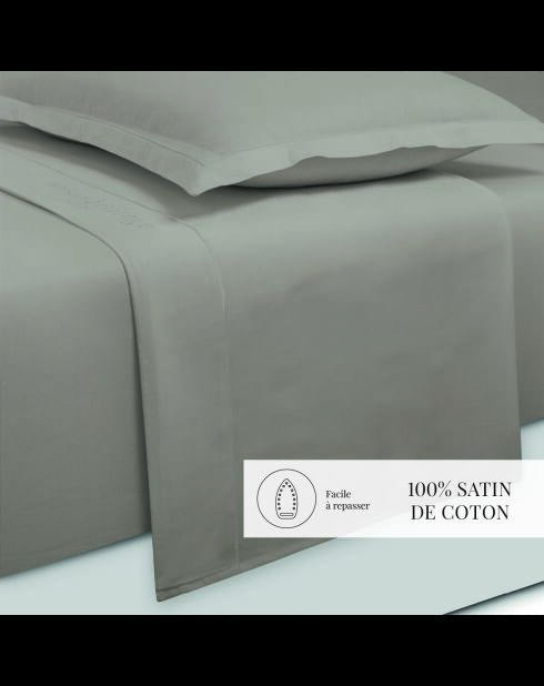 Parure petit drap plat + drap housse + taies rectangles satin de coton uni taupe 01