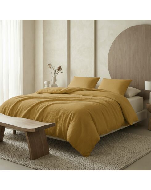 Parure housse de couette gaze de coton Uni jaune 04