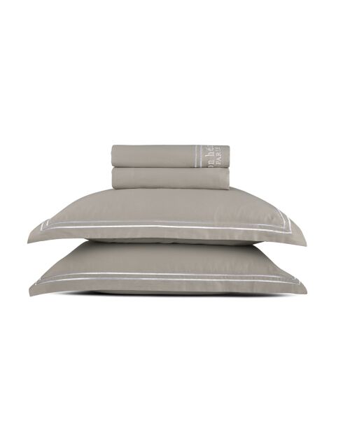 Parure petit drap plat + drap housse + taies rectangles satin de coton Paris blanc/taupe