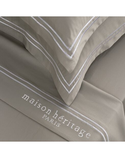 Parure petit drap plat + drap housse + taies rectangles satin de coton Paris blanc/taupe
