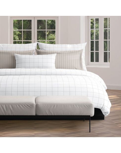 Wit/taupe dekbedset van geruite katoensatijn