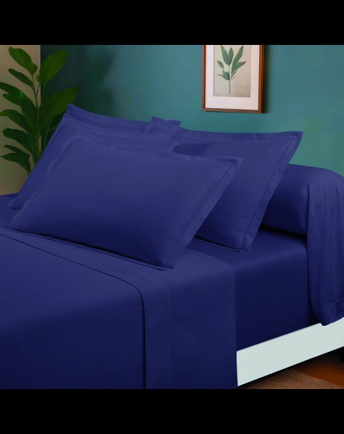 Set laken + hoeslaken + rechthoekige kussenslopen effen blauw katoensatijn 06