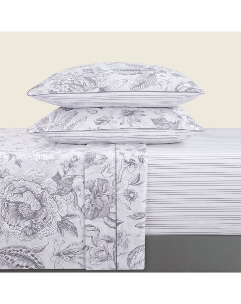 Parure petit drap plat + drap housse + taies rectangles satin de coton Fleurs esquissées blanc