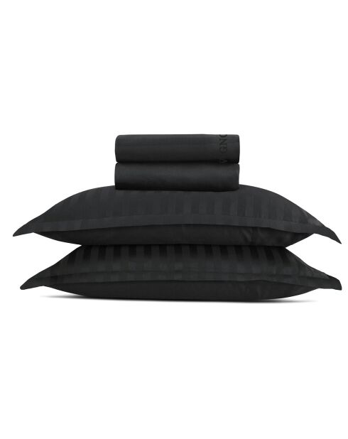Parure petit drap plat + drap housse + taies rectangles satin de coton rayure tissé Dobby stripe woven Noir