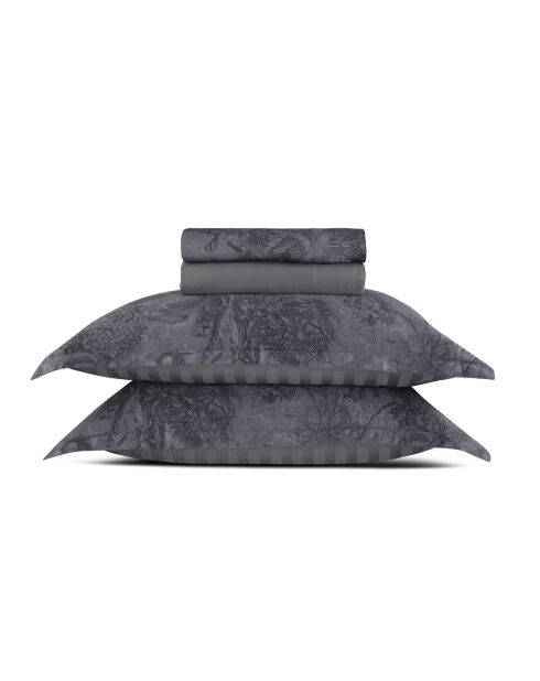 Parure petit drap plat + drap housse + taies rectangles satin de coton Jardin Botanique gris foncé