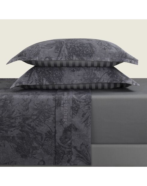 Parure petit drap plat + drap housse + taies rectangles satin de coton Jardin Botanique gris foncé