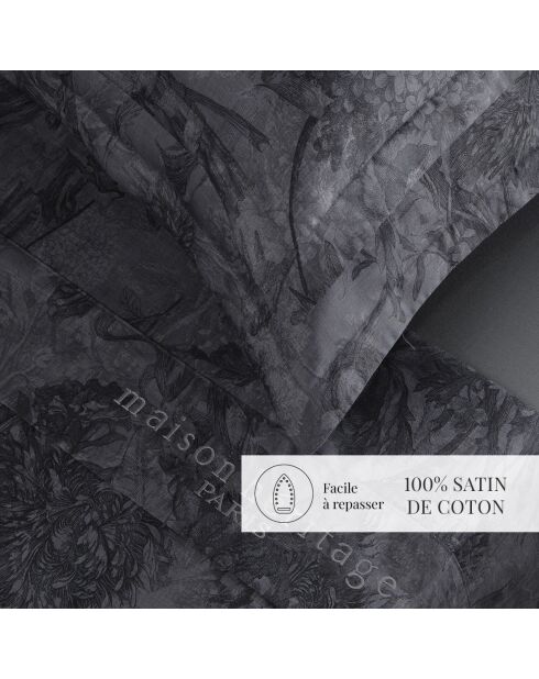 Parure petit drap plat + drap housse + taies rectangles satin de coton Jardin Botanique gris foncé