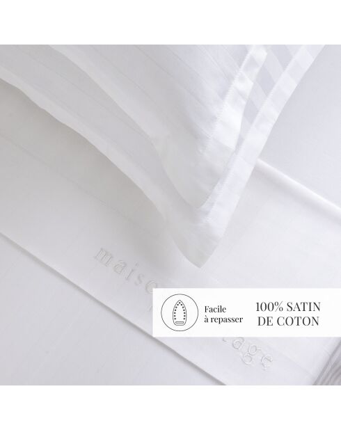 Parure petit drap plat + drap housse + taies rectangles satin de coton tissé Jacquard Dobby stripe woven blanc