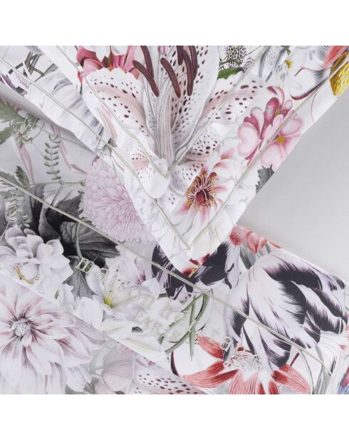 Parure maxi drap plat + drap housse + taies carrées satin de coton Fleurs éclatantes blanc