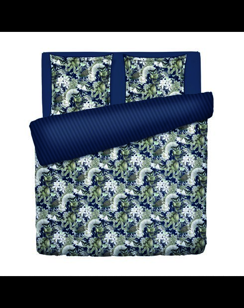 Dunkelblaues Bettbezug-Set aus Baumwollsatin mit Verzierung von Jardin
