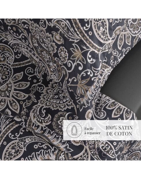 Set Bettlaken + Spannbetttuch + rechteckige Kissenbezüge indischer Baumwollsatin grau/taupe