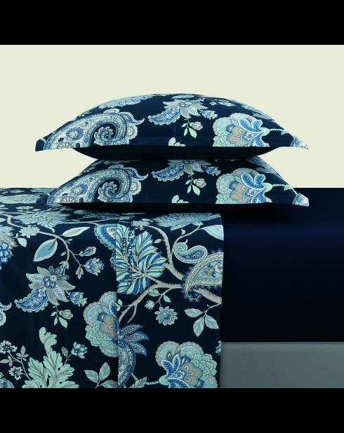 Parure petit drap plat + drap housse + taies rectangles satin de coton Kashmir bleu foncé
