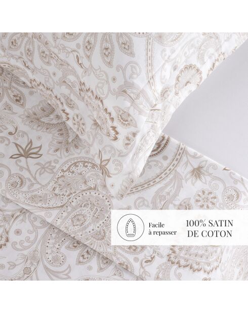 Parure petit drap plat + drap housse + taies rectangles satin de coton Indienne taupe