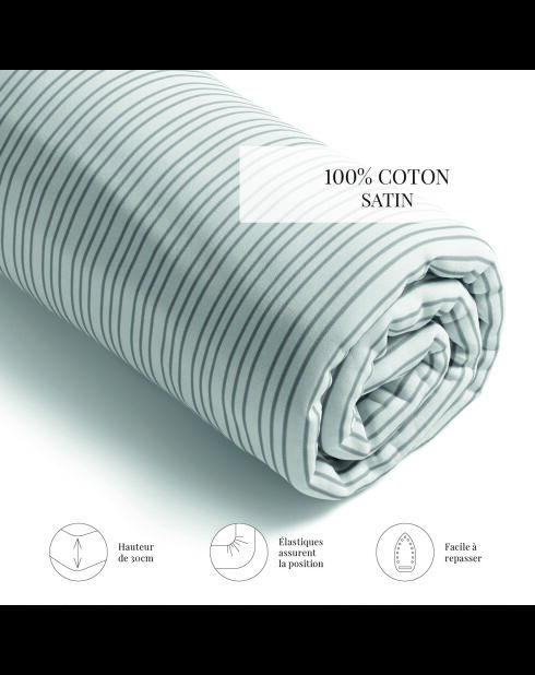 Drap-housse satin de coton Fleurs esquissées gris