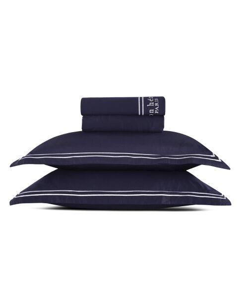 Set lenzuolo piatto + lenzuolo con angoli + federe rettangolari Paris cotone satinato bianco/blu scuro