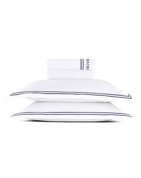 Parure petit drap plat + drap housse + taies rectangles satin de coton Paris bleu foncé/blanc