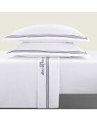 Parure petit drap plat + drap housse + taies rectangles satin de coton Paris bleu foncé/blanc