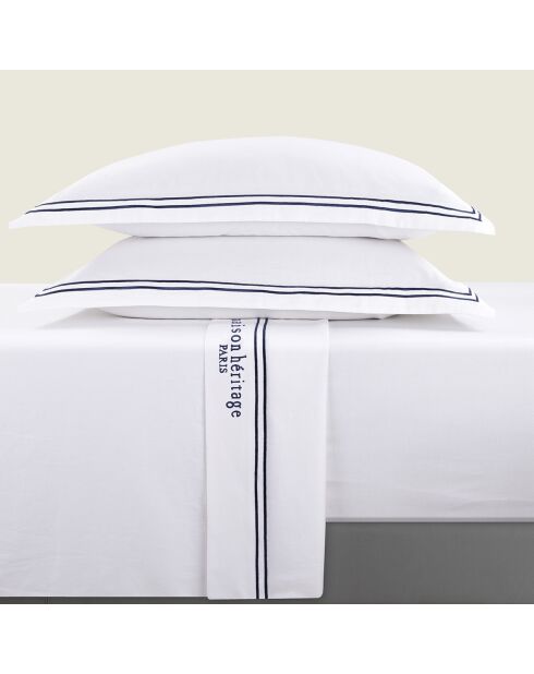 Parure petit drap plat + drap housse + taies rectangles satin de coton Paris bleu foncé/blanc