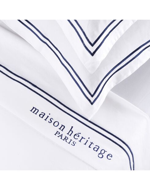 Parure petit drap plat + drap housse + taies rectangles satin de coton Paris bleu foncé/blanc