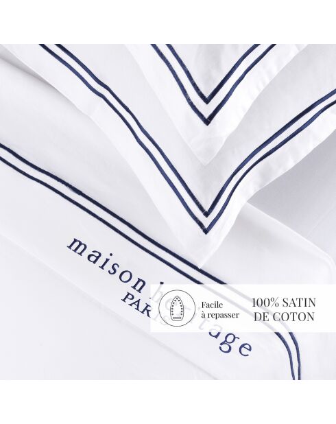 Parure petit drap plat + drap housse + taies rectangles satin de coton Paris bleu foncé/blanc