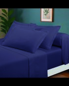 Parure petit drap plat + drap housse + taies rectangles satin de coton uni bleu 06