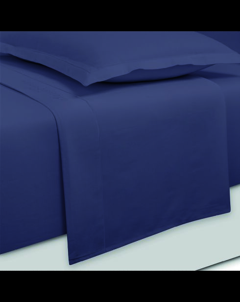 Parure petit drap plat + drap housse + taies rectangles satin de coton uni bleu 06