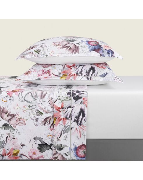 Set largo de sábana encimera, sábana bajera y fundas de almohada rectangulares de algodón satinado con flores blancas brillantes