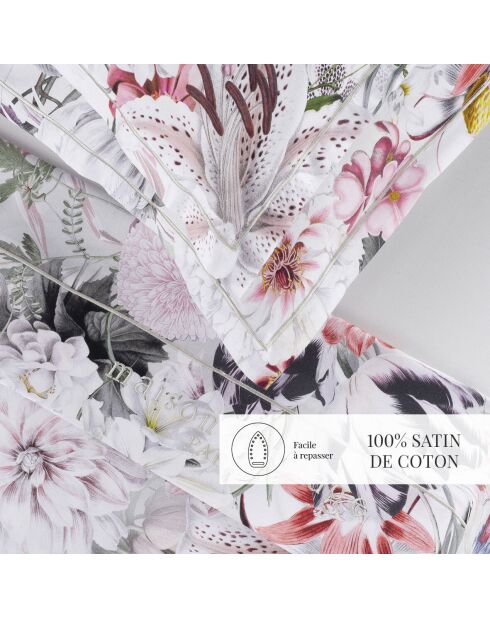 Set largo de sábana encimera, sábana bajera y fundas de almohada rectangulares de algodón satinado con flores blancas brillantes