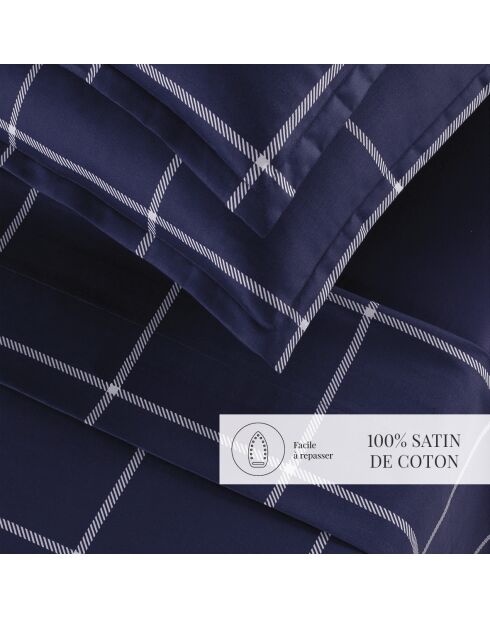 Parure petit drap plat + drap housse + taies rectangles satin de coton Amélia bleu foncé