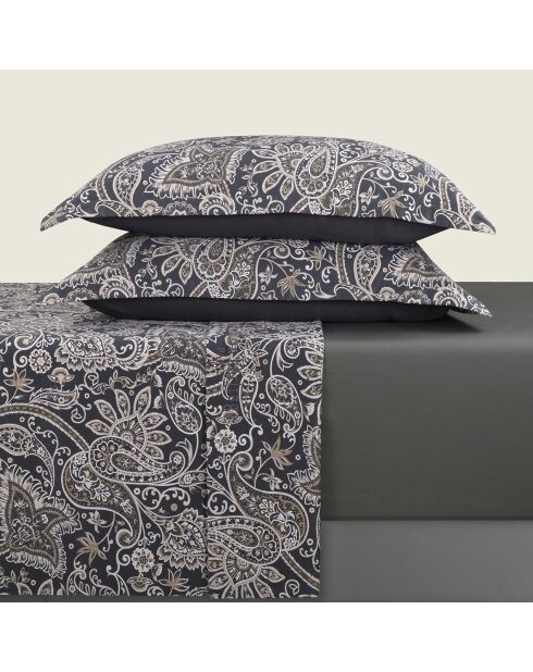 Parure petit drap plat + drap housse + taies rectangles satin de coton Indienne gris/taupe