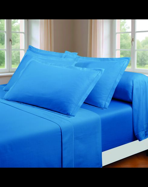 Set maxi de sábana encimera, sábana bajera y fundas de almohada cuadradas, satén de algodón azul liso 05
