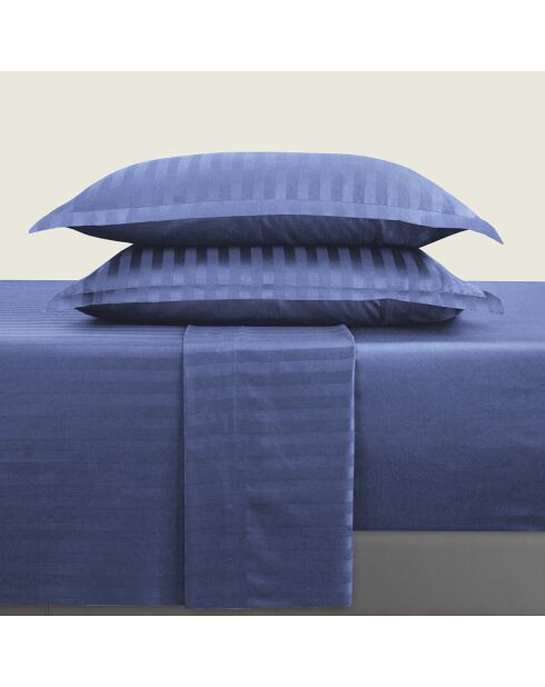 Parure petit drap plat + drap housse + taies rectangles satin de coton rayure tissé Dobby stripe woven bleu