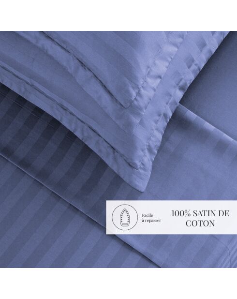 Parure petit drap plat + drap housse + taies rectangles satin de coton rayure tissé Dobby stripe woven bleu