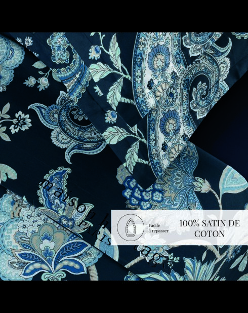 Maxi-set laken + hoeslaken + hoeslaken + rechthoekige kussenslopen donkerblauw Kashmir katoensatijn