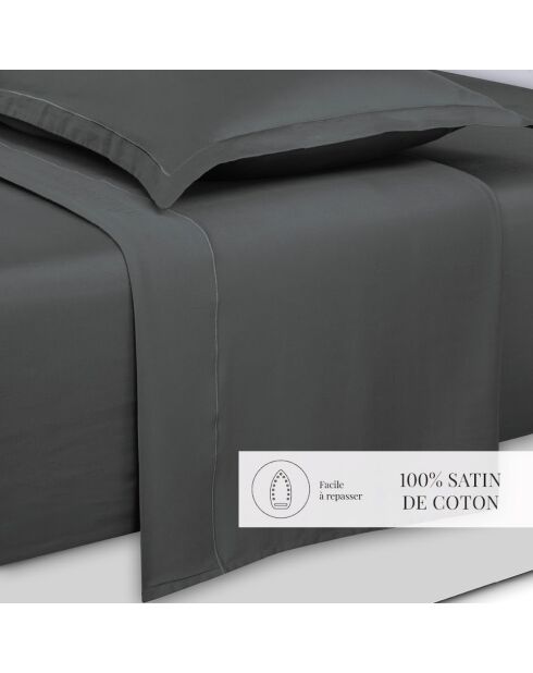 Maxi-Bettlaken-Set + Spannbetttuch + quadratische Kissenbezüge unifarbener grauer Baumwollsatin 02