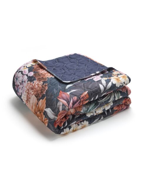 Donkerblauwe beddensprei van katoensatijn met honingbloemen - 220x250 cm