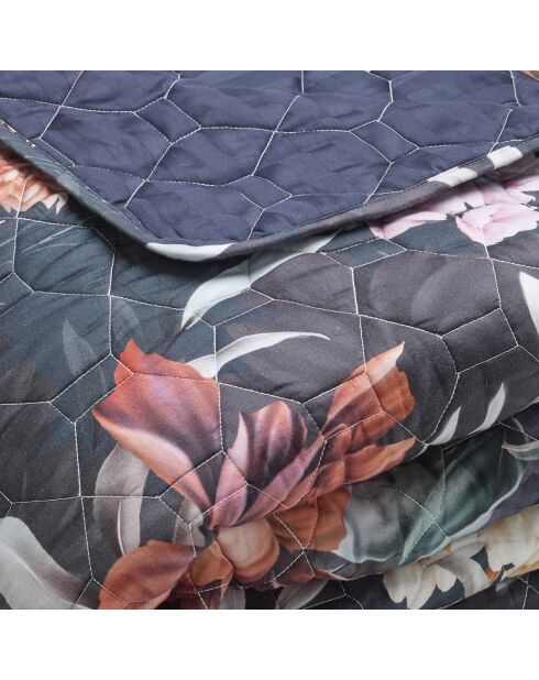 Donkerblauwe beddensprei van katoensatijn met honingbloemen - 220x250 cm