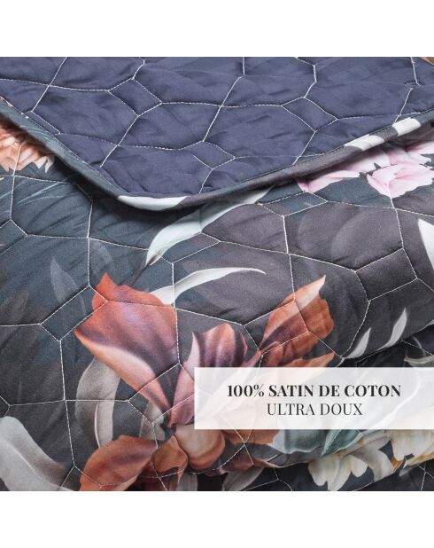 Donkerblauwe beddensprei van katoensatijn met honingbloemen - 220x250 cm