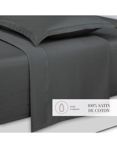 Parure petit drap plat + drap housse + taies rectangles satin de coton uni gris 02