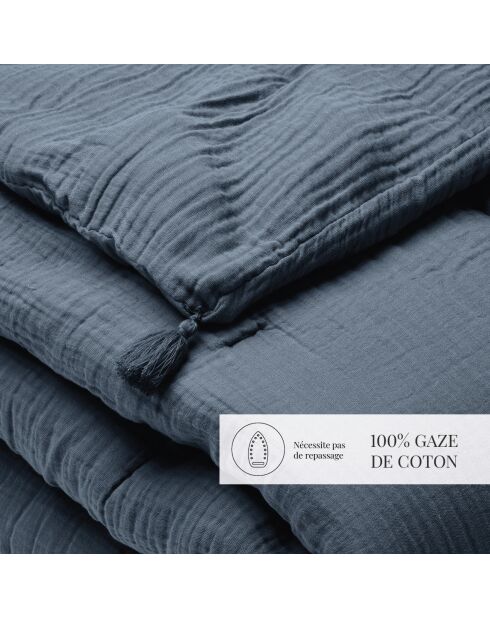 Steppdecke mit Quasten Baumwollgaze Uni blau 14 - 140x200 cm