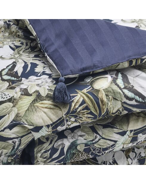 Steppdecke mit Quasten aus Baumwollsatin Jardin Ornament dunkelblau - 140x200 cm