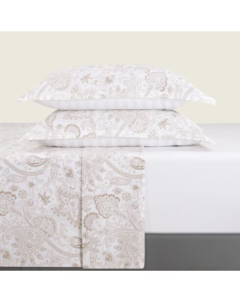 Set Bettlaken + Spannbetttuch + rechteckige Kissenbezüge indischer Baumwollsatin taupe