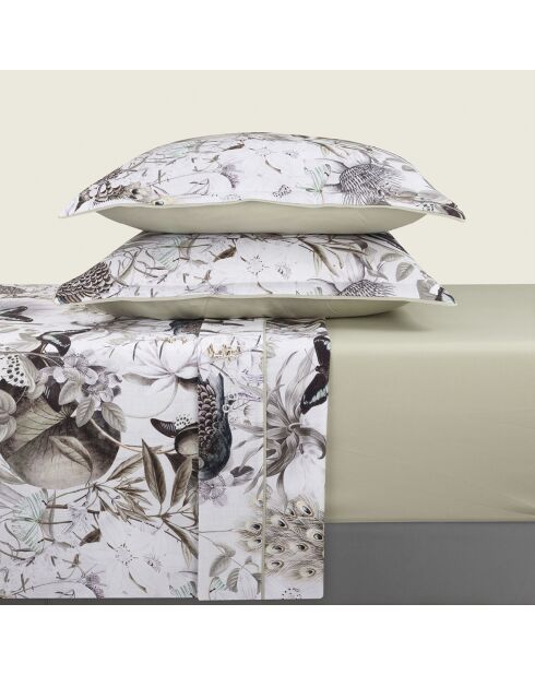 Parure petit drap plat + drap housse + taies rectangles satin de coton Jardin orné vert tilleul