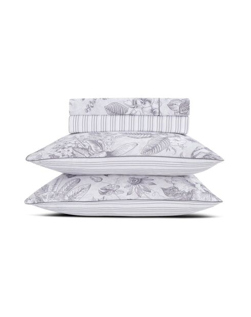 Maxi-set laken + hoeslaken + rechthoekige kussenslopen katoen satijn wit geschetste bloemen