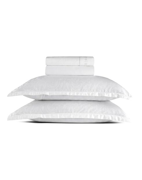 Parure petit drap plat + drap housse + taies rectangles satin de coton tissé Jacquard Baroque blanc