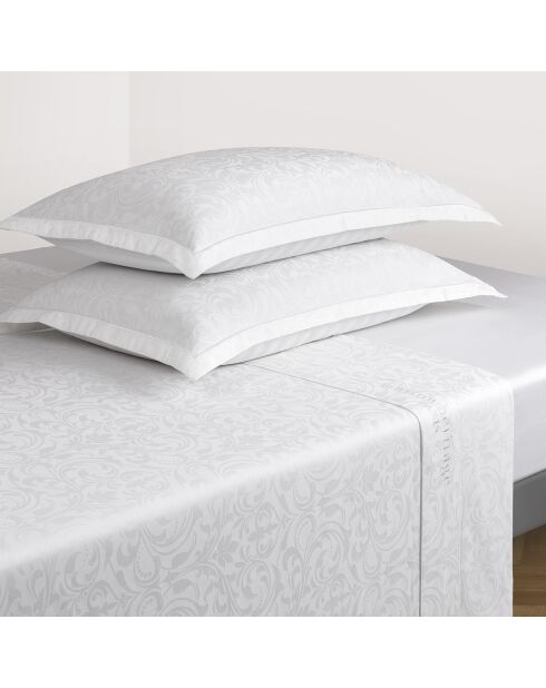 Parure petit drap plat + drap housse + taies rectangles satin de coton tissé Jacquard Baroque blanc