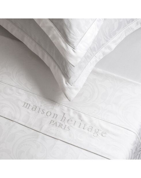 Parure petit drap plat + drap housse + taies rectangles satin de coton tissé Jacquard Baroque blanc